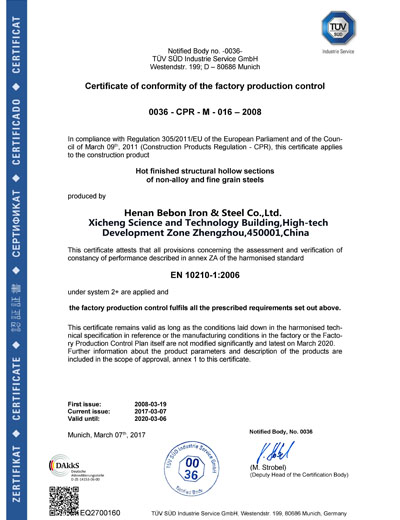 CPR Certificate for EN10210:2006